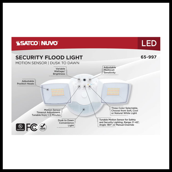 Security Lighting Nuvo 65-997 LED Security Light with Nightlight - PIR Sensor - Dual Head - Field Selectable - White Finish Nuvo