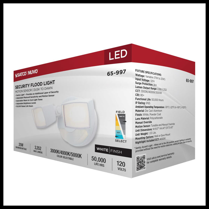 Security Lighting Nuvo 65-997 LED Security Light with Nightlight - PIR Sensor - Dual Head - Field Selectable - White Finish Nuvo