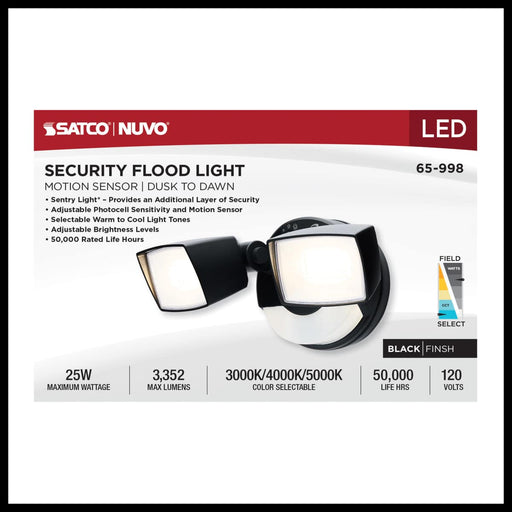 Security Lighting Nuvo 65-998 LED Security Light with Nightlight - PIR Sensor - Dual Head - Field Selectable - Black Finish Nuvo