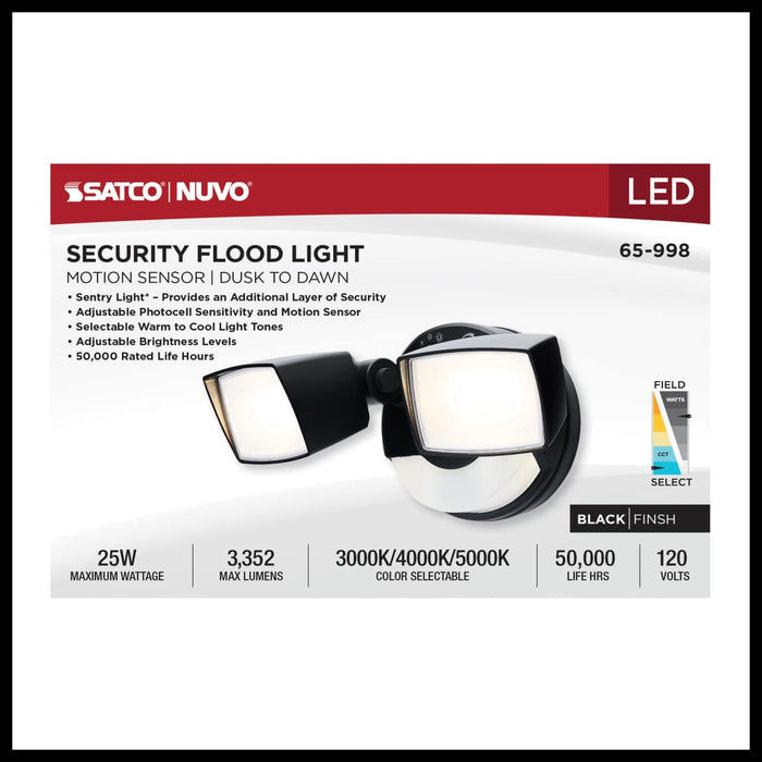 Security Lighting Nuvo 65-998 LED Security Light with Nightlight - PIR Sensor - Dual Head - Field Selectable - Black Finish Nuvo