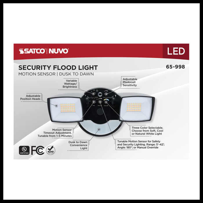 Security Lighting Nuvo 65-998 LED Security Light with Nightlight - PIR Sensor - Dual Head - Field Selectable - Black Finish Nuvo
