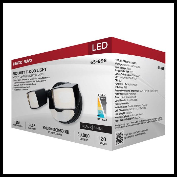 Security Lighting Nuvo 65-998 LED Security Light with Nightlight - PIR Sensor - Dual Head - Field Selectable - Black Finish Nuvo