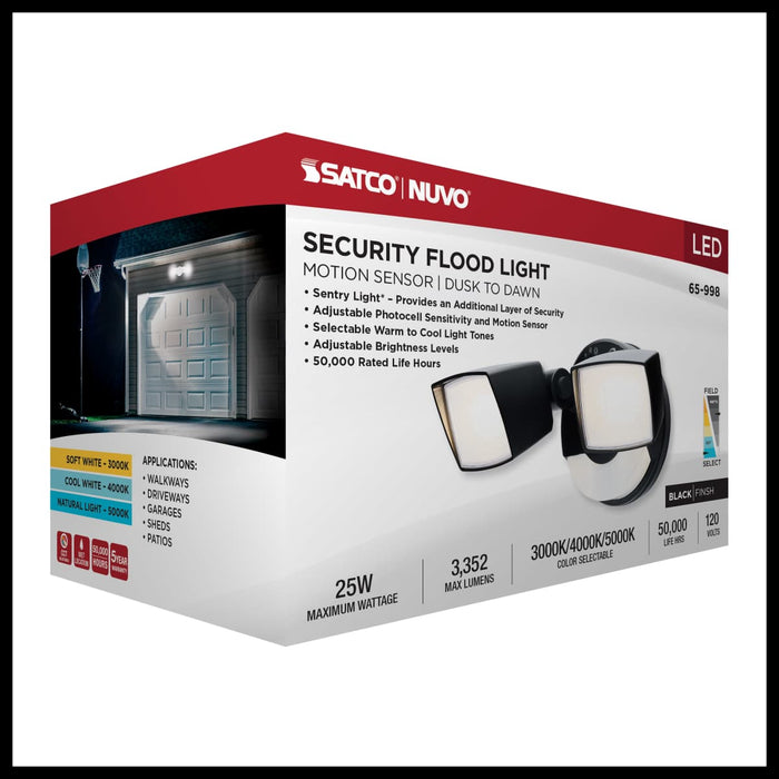 Security Lighting Nuvo 65-998 LED Security Light with Nightlight - PIR Sensor - Dual Head - Field Selectable - Black Finish Nuvo