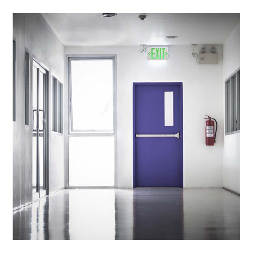 Exit Sign Nuvo 67-100 Green LED Exit Sign, 90min Ni-Cad backup, 120/277V, Single/Dual Face, Universal Mounting - White Finish Nuvo