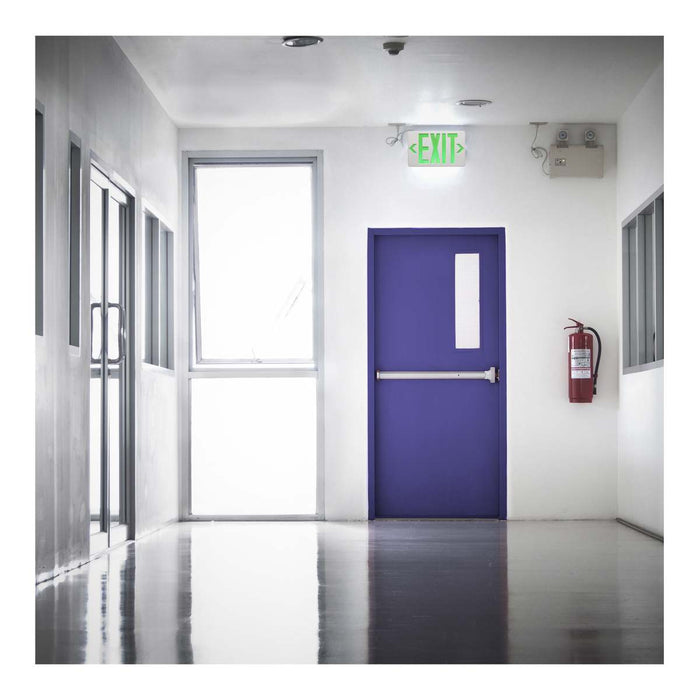 Exit Sign Nuvo 67-100 Green LED Exit Sign, 90min Ni-Cad backup, 120/277V, Single/Dual Face, Universal Mounting - White Finish Nuvo