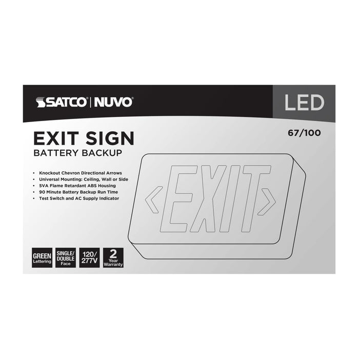 Exit Sign Nuvo 67-100 Green LED Exit Sign, 90min Ni-Cad backup, 120/277V, Single/Dual Face, Universal Mounting - White Finish Nuvo