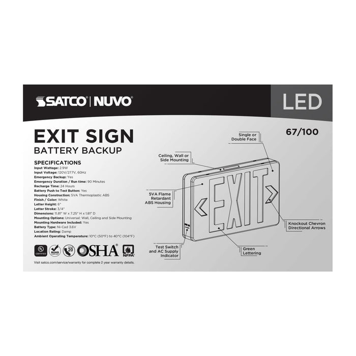 Exit Sign Nuvo 67-100 Green LED Exit Sign, 90min Ni-Cad backup, 120/277V, Single/Dual Face, Universal Mounting - White Finish Nuvo