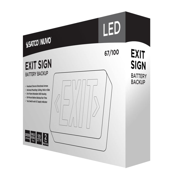Exit Sign Nuvo 67-100 Green LED Exit Sign, 90min Ni-Cad backup, 120/277V, Single/Dual Face, Universal Mounting - White Finish Nuvo