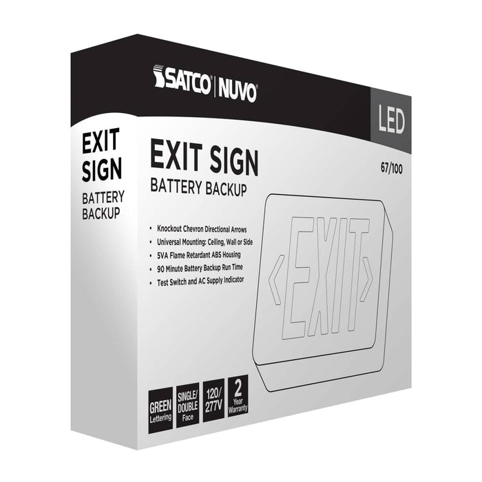 Exit Sign Nuvo 67-100 Green LED Exit Sign, 90min Ni-Cad backup, 120/277V, Single/Dual Face, Universal Mounting - White Finish Nuvo