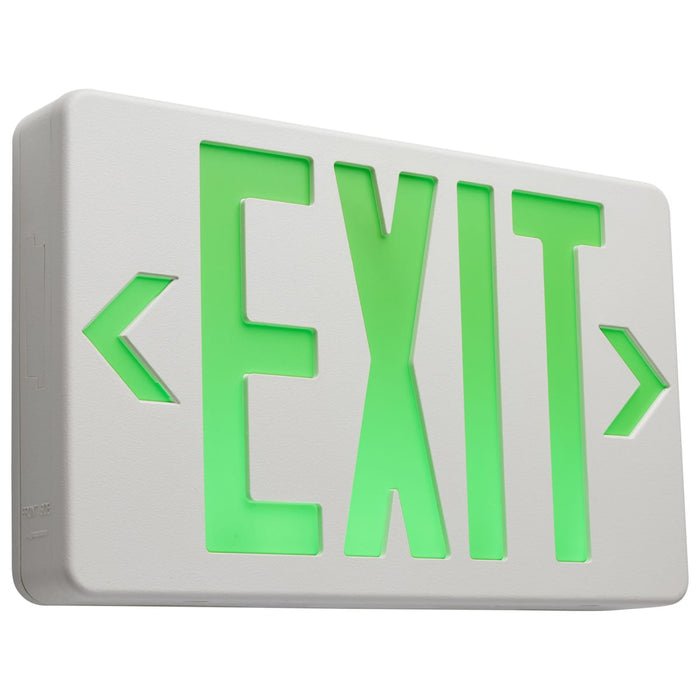Exit Sign Nuvo 67-100 Green LED Exit Sign, 90min Ni-Cad backup, 120/277V, Single/Dual Face, Universal Mounting - White Finish Nuvo