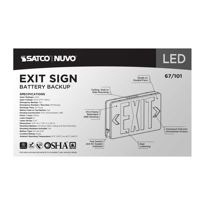 Exit Sign Nuvo 67-101 Red LED Exit Sign, 90min Ni-Cad backup, 120/277V, Single/Dual Face, Universal Mounting - White Finish Nuvo