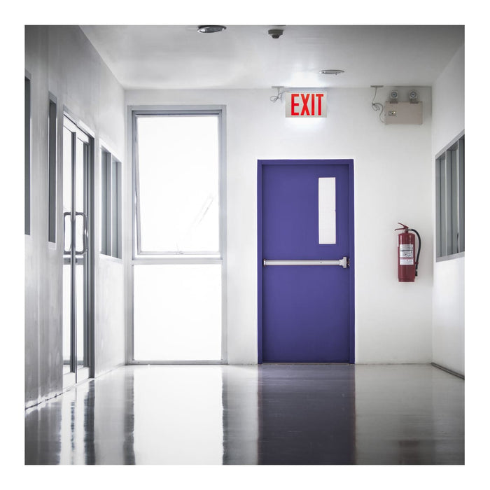 Exit Sign Nuvo 67-102 Red LED Exit Sign, 90min Ni-Cad backup, 120V/277V, Single/Dual Face, Universal Mounting, Steel/NYC - White Finish Nuvo