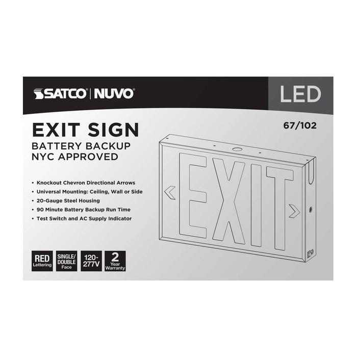 Exit Sign Nuvo 67-102 Red LED Exit Sign, 90min Ni-Cad backup, 120V/277V, Single/Dual Face, Universal Mounting, Steel/NYC - White Finish Nuvo