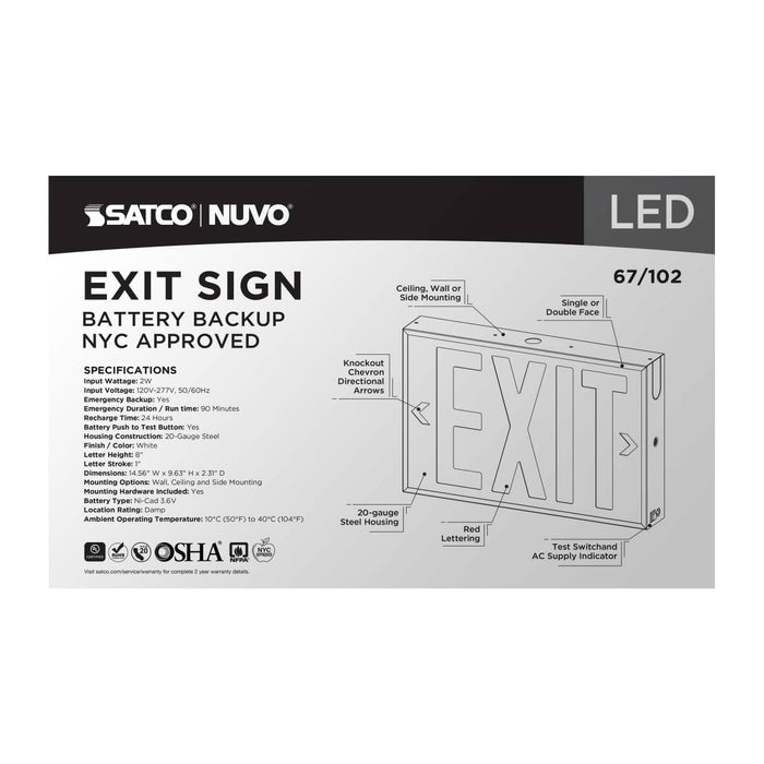 Exit Sign Nuvo 67-102 Red LED Exit Sign, 90min Ni-Cad backup, 120V/277V, Single/Dual Face, Universal Mounting, Steel/NYC - White Finish Nuvo