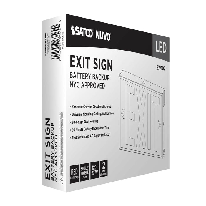 Exit Sign Nuvo 67-102 Red LED Exit Sign, 90min Ni-Cad backup, 120V/277V, Single/Dual Face, Universal Mounting, Steel/NYC - White Finish Nuvo