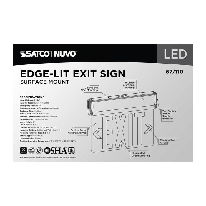 Exit Sign Nuvo 67-110 Green (Mirror) Edge Lit LED Exit Sign, 90min Ni-Cad backup, 120/277V, Dual Face, Top/Back/End Mount - Silver Finish Nuvo