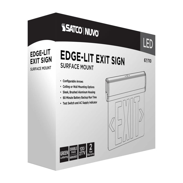 Exit Sign Nuvo 67-110 Green (Mirror) Edge Lit LED Exit Sign, 90min Ni-Cad backup, 120/277V, Dual Face, Top/Back/End Mount - Silver Finish Nuvo