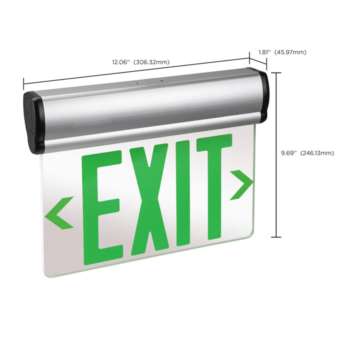Exit Sign Nuvo 67-110 Green (Mirror) Edge Lit LED Exit Sign, 90min Ni-Cad backup, 120/277V, Dual Face, Top/Back/End Mount - Silver Finish Nuvo