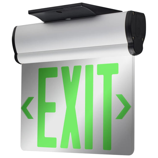 Exit Sign Nuvo 67-110 Green (Mirror) Edge Lit LED Exit Sign, 90min Ni-Cad backup, 120/277V, Dual Face, Top/Back/End Mount - Silver Finish Nuvo