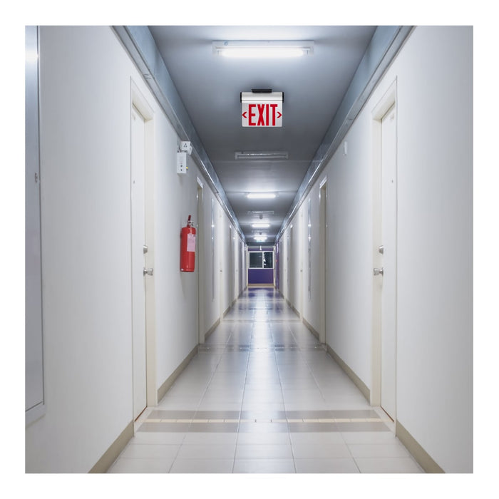 Exit Sign Nuvo 67-111 Red (Mirror) Edge Lit LED Exit Sign, 90min Ni-Cad backup, 120/277V, Dual Face, Top/Back/End Mount - Silver Finish Nuvo