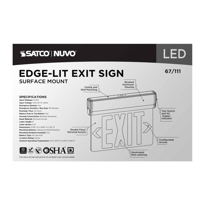 Exit Sign Nuvo 67-111 Red (Mirror) Edge Lit LED Exit Sign, 90min Ni-Cad backup, 120/277V, Dual Face, Top/Back/End Mount - Silver Finish Nuvo