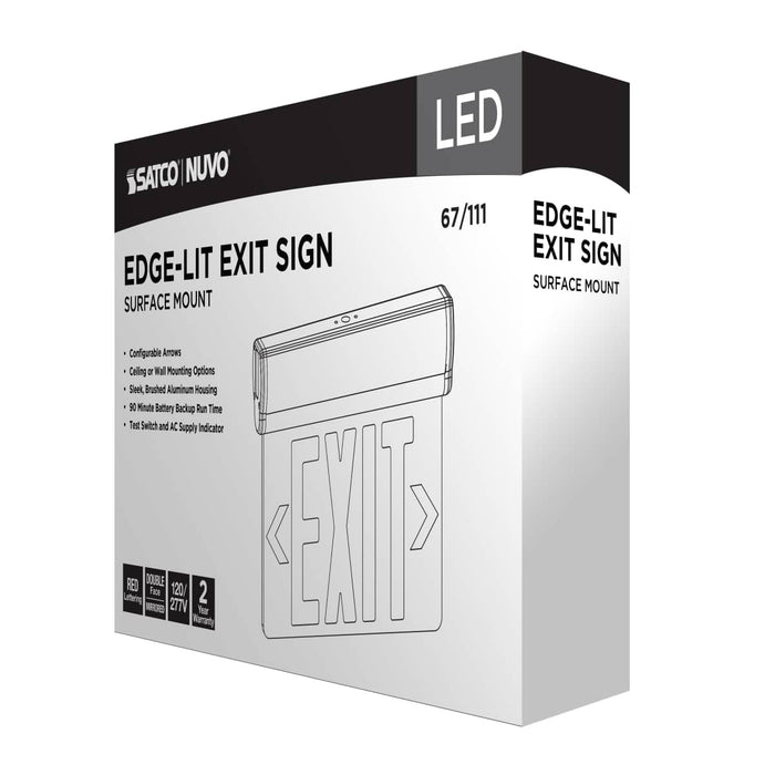 Exit Sign Nuvo 67-111 Red (Mirror) Edge Lit LED Exit Sign, 90min Ni-Cad backup, 120/277V, Dual Face, Top/Back/End Mount - Silver Finish Nuvo