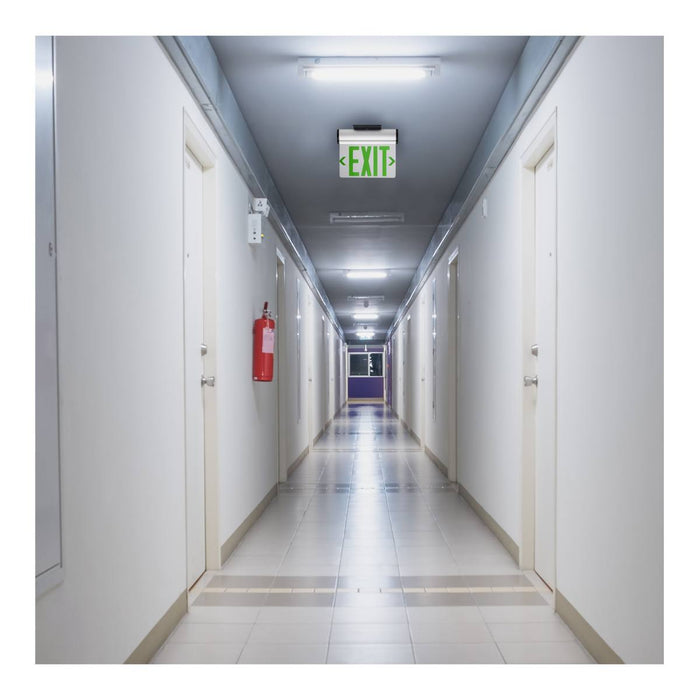 Exit Sign Nuvo 67-112 Green (Clear) Edge Lit LED Exit Sign, 90min Ni-Cad backup, 120/277V, Single Face, Top/Back/End Mount - Clear Finish Nuvo