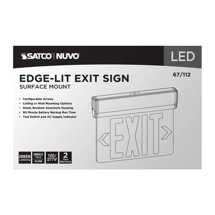 Exit Sign Nuvo 67-112 Green (Clear) Edge Lit LED Exit Sign, 90min Ni-Cad backup, 120/277V, Single Face, Top/Back/End Mount - Clear Finish Nuvo