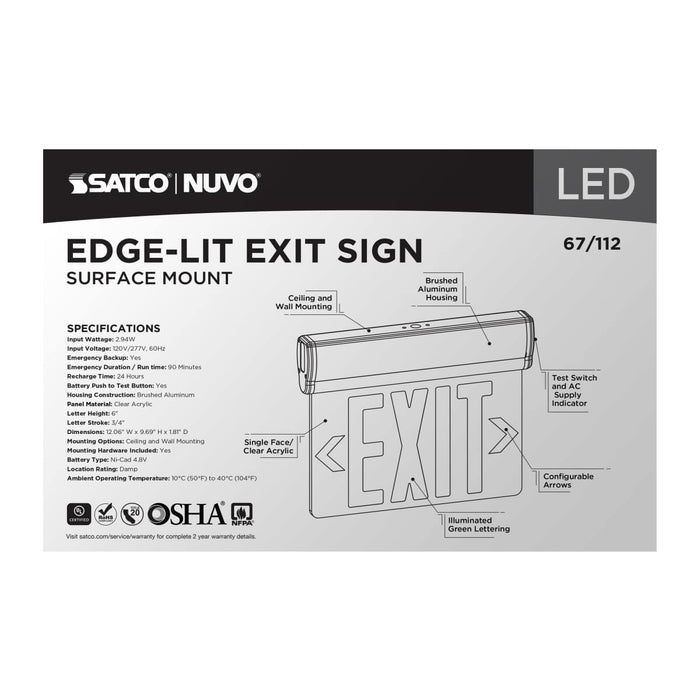 Exit Sign Nuvo 67-112 Green (Clear) Edge Lit LED Exit Sign, 90min Ni-Cad backup, 120/277V, Single Face, Top/Back/End Mount - Clear Finish Nuvo