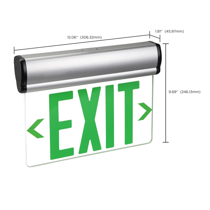 Exit Sign Nuvo 67-112 Green (Clear) Edge Lit LED Exit Sign, 90min Ni-Cad backup, 120/277V, Single Face, Top/Back/End Mount - Clear Finish Nuvo