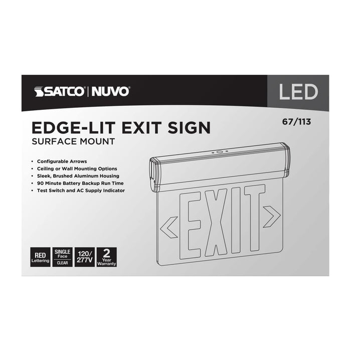 Exit Sign Nuvo 67-113 Red (Clear) Edge Lit LED Exit Sign, 90min Ni-Cad backup, 120/277V, Single Face, Top/Back/End Mount - Clear Finish Nuvo