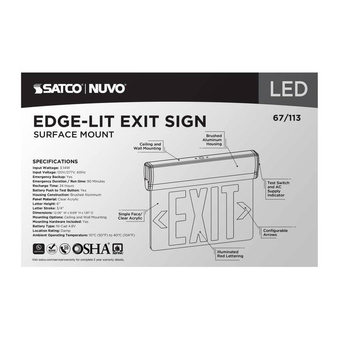 Exit Sign Nuvo 67-113 Red (Clear) Edge Lit LED Exit Sign, 90min Ni-Cad backup, 120/277V, Single Face, Top/Back/End Mount - Clear Finish Nuvo
