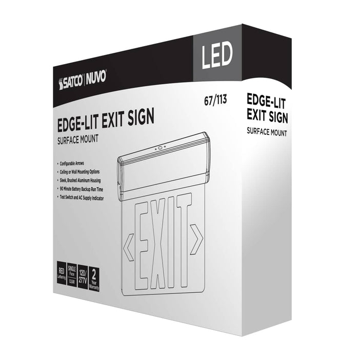 Exit Sign Nuvo 67-113 Red (Clear) Edge Lit LED Exit Sign, 90min Ni-Cad backup, 120/277V, Single Face, Top/Back/End Mount - Clear Finish Nuvo