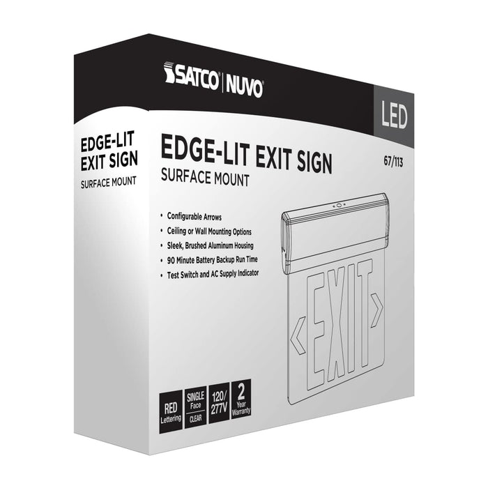 Exit Sign Nuvo 67-113 Red (Clear) Edge Lit LED Exit Sign, 90min Ni-Cad backup, 120/277V, Single Face, Top/Back/End Mount - Clear Finish Nuvo