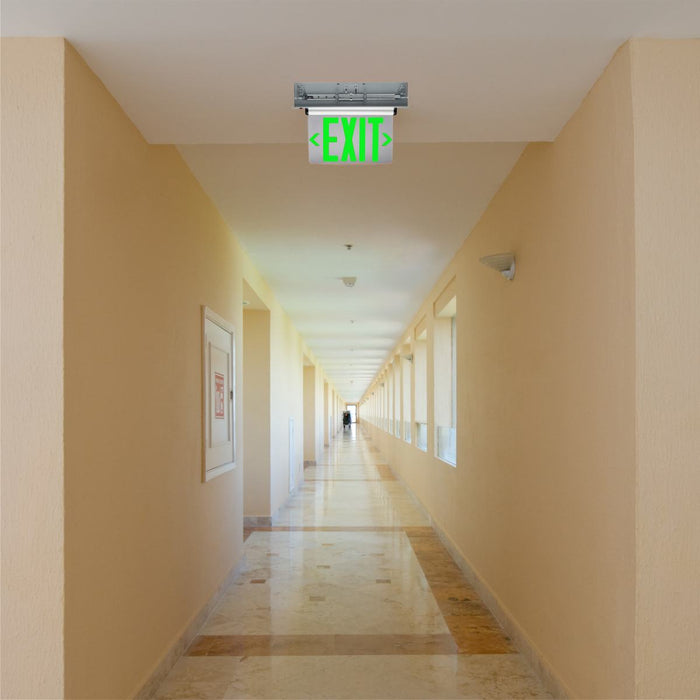 Exit Sign Nuvo 67-115 Green (Mirror) Edge Lit LED Exit Sign - 2.94 Watts - Dual Face - 120V/277 Volt - Silver Finish Nuvo