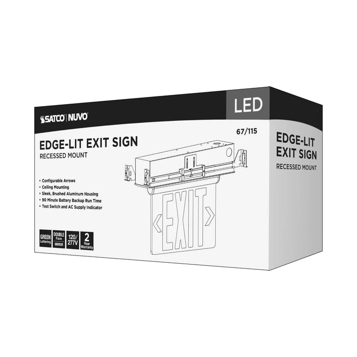 Exit Sign Nuvo 67-115 Green (Mirror) Edge Lit LED Exit Sign - 2.94 Watts - Dual Face - 120V/277 Volt - Silver Finish Nuvo