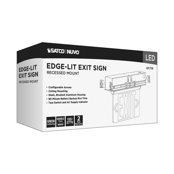 Exit Sign Nuvo 67-115 Green (Mirror) Edge Lit LED Exit Sign - 2.94 Watts - Dual Face - 120V/277 Volt - Silver Finish Nuvo