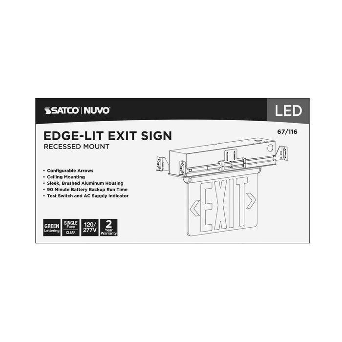 Exit Sign Nuvo 67-116 Green (Clear) Edge Lit LED Exit Sign - 2.94 Watts - Single Face - 120V/277 Volts - Clear Finish Nuvo