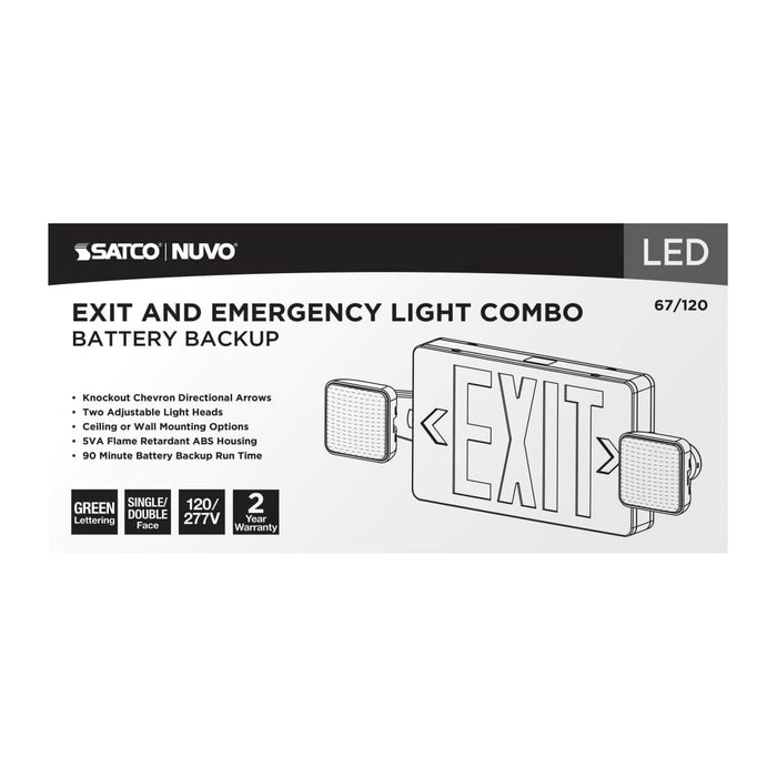 Exit Sign Nuvo 67-120 Combination Green Exit Sign/Emergency Light, 90min Ni-Cad backup, 120/277V, Dual Head, Single/Dual Face, Universal Mounting - White Finish Nuvo