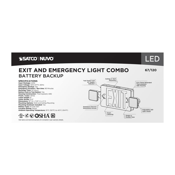 Exit Sign Nuvo 67-120 Combination Green Exit Sign/Emergency Light, 90min Ni-Cad backup, 120/277V, Dual Head, Single/Dual Face, Universal Mounting - White Finish Nuvo