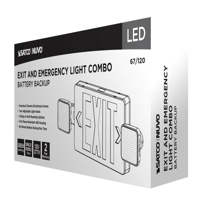Exit Sign Nuvo 67-120 Combination Green Exit Sign/Emergency Light, 90min Ni-Cad backup, 120/277V, Dual Head, Single/Dual Face, Universal Mounting - White Finish Nuvo