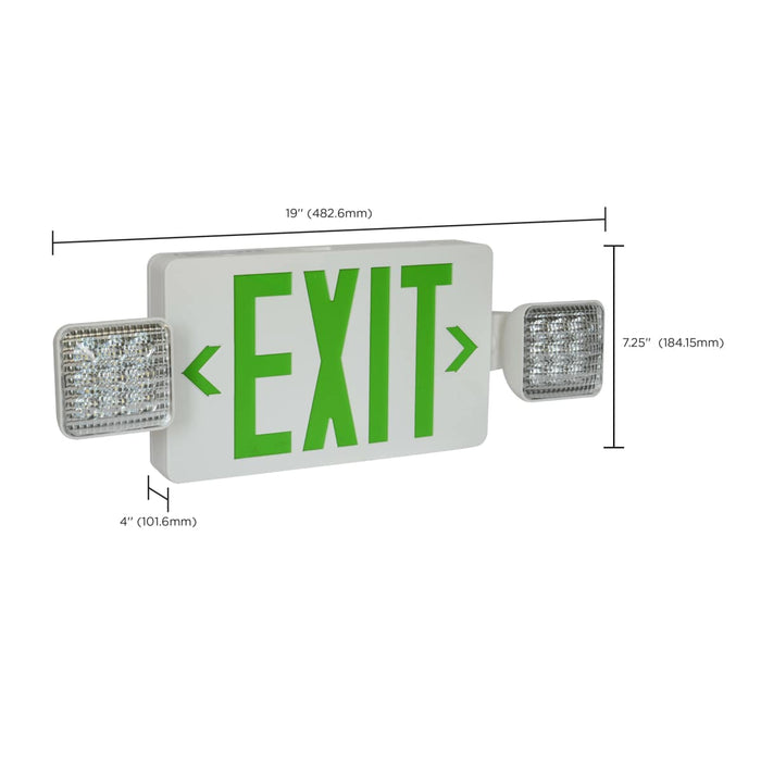 Exit Sign Nuvo 67-120 Combination Green Exit Sign/Emergency Light, 90min Ni-Cad backup, 120/277V, Dual Head, Single/Dual Face, Universal Mounting - White Finish Nuvo