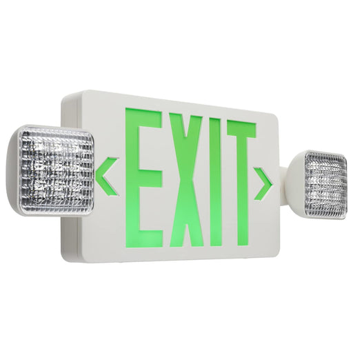 Exit Sign Nuvo 67-120 Combination Green Exit Sign/Emergency Light, 90min Ni-Cad backup, 120/277V, Dual Head, Single/Dual Face, Universal Mounting - White Finish Nuvo