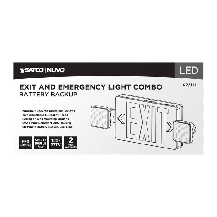 Exit Sign Nuvo 67-121 Combination Red Exit Sign/Emergency Light, 90min Ni-Cad backup, 120/277V, Dual Head, Single/Dual Face, Universal Mounting - White Finish Nuvo