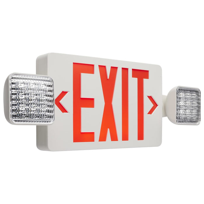 Exit Sign Nuvo 67-121 Combination Red Exit Sign/Emergency Light, 90min Ni-Cad backup, 120/277V, Dual Head, Single/Dual Face, Universal Mounting - White Finish Nuvo