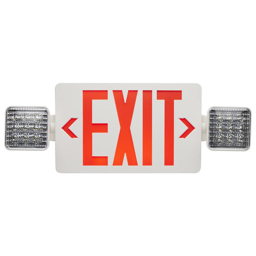 Exit Sign Nuvo 67-122 Combination Red Exit Sign/Emergency Light, 90min Ni-Cad backup, 120/277V, Dual Head, Single/Dual Face, Universal Mounting, Remote Compatible - White Finish Nuvo