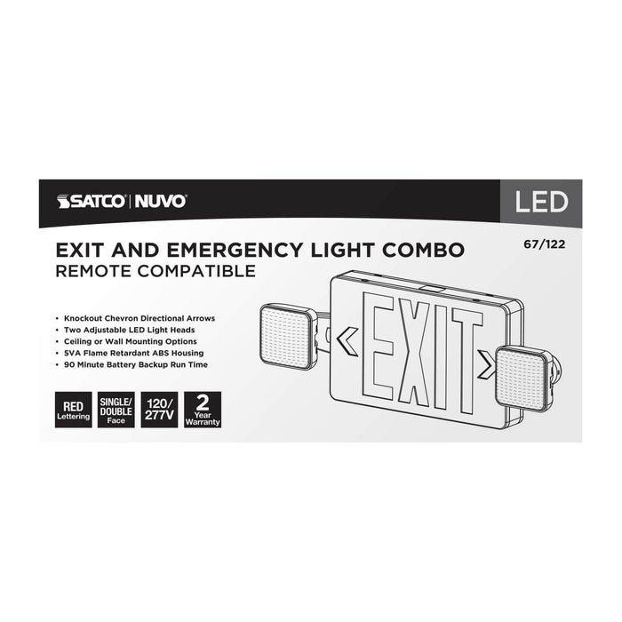 Exit Sign Nuvo 67-122 Combination Red Exit Sign/Emergency Light, 90min Ni-Cad backup, 120/277V, Dual Head, Single/Dual Face, Universal Mounting, Remote Compatible - White Finish Nuvo