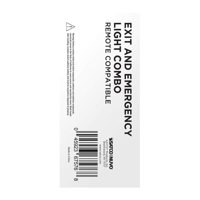 Exit Sign Nuvo 67-122 Combination Red Exit Sign/Emergency Light, 90min Ni-Cad backup, 120/277V, Dual Head, Single/Dual Face, Universal Mounting, Remote Compatible - White Finish Nuvo