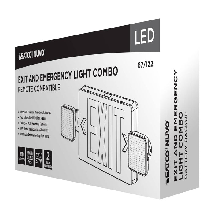 Exit Sign Nuvo 67-122 Combination Red Exit Sign/Emergency Light, 90min Ni-Cad backup, 120/277V, Dual Head, Single/Dual Face, Universal Mounting, Remote Compatible - White Finish Nuvo