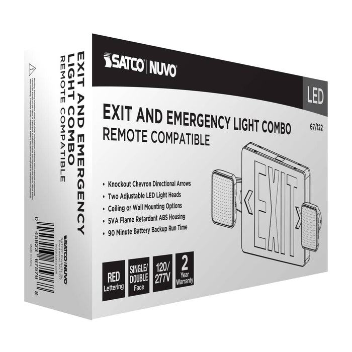 Exit Sign Nuvo 67-122 Combination Red Exit Sign/Emergency Light, 90min Ni-Cad backup, 120/277V, Dual Head, Single/Dual Face, Universal Mounting, Remote Compatible - White Finish Nuvo